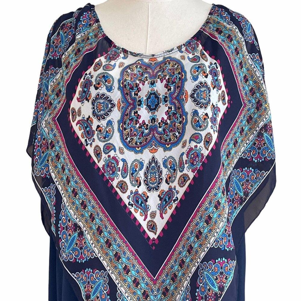 Lavish Plus Navy Blue Dress with Geometric Overlay Multicolor Plus Size 3X - Picture 3 of 8